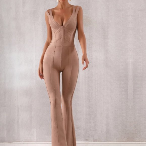 BEIGE BANDAGE JUMPSUIT NUDE PANTSUIT CAMEL JUMPER - Picture 4 of 15
